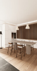 mockup white Kitchen bar on set kitchen shaped modern style white and wood concept. 3d rendering