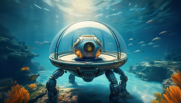 Tauchroboter vor futuristischer Glaskuppel im Meer