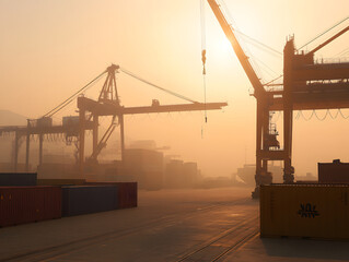 Smoggy industrial port with cranes and containers in early morning light creating hazy and atmospheric scene with warm tones and shadows