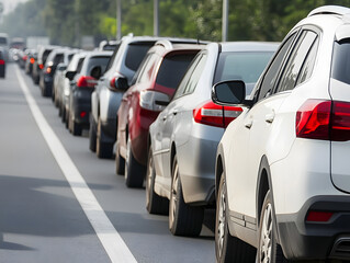 Traffic jam with cars lined up on road during daytime, showing variety of vehicles in slow or stopped condition, creating sense of congestion and delay