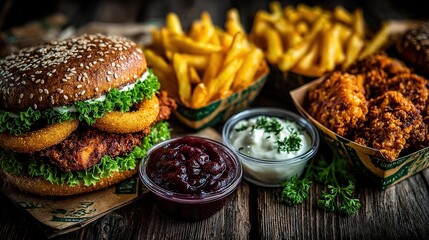 Top View of Fast Food Meal with Fried Chicken, Onion Rings, and French Fries