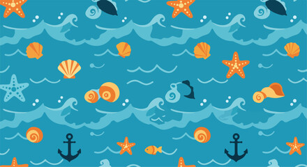 This bright and cheerful seamless pattern depicts an ocean scene filled with marine life such as starfish, shells, anchors, and fish against a blue wave background.