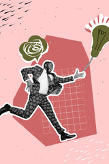 Vertical sketch image photo art collage of happy girl guy jump bubble communication light bulb idea...
