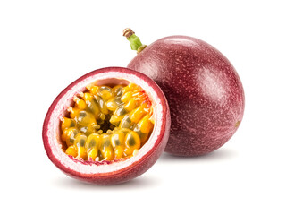 A whole maypop passionfruit halved isolated on white background seedy center vibrant color
