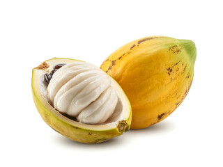 A whole marang fruit opened isolated on white background tropical appearance soft edible pulp