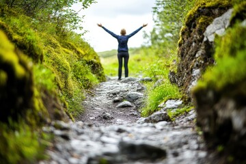 Obraz premium Person Standing on Rocky Pathway Surrounded by Lush Greenery, Experiencing Nature's Beauty and Fresh Air in a Scenic Outdoor Environment
