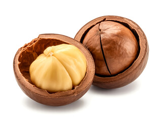 A macadamia fruit split open isolated on white background tough shell and kernel visible