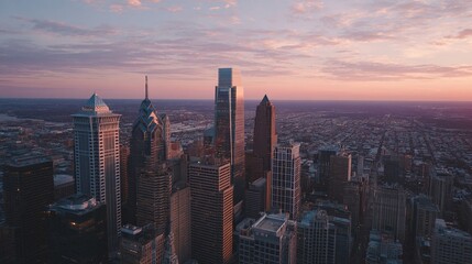 Obraz premium City skyline with modern high-rise buildings at dusk. Dramatic sky. Urban landscape. Aerial view. Impressive architecture. City lights twinkle below.