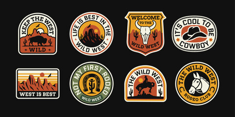 Obraz premium Set of vector western-inspired badge designs. Cowboy, Horse, and Cow skull illustrations. Graphics for t-shirt prints, stickers, posters, and other uses. 