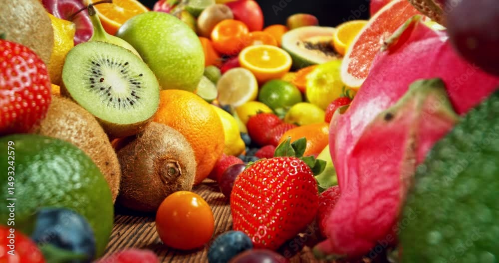 Poster Various Kind of Fresh Exotic Fruits. Camera Placed on Motion Control System. Filmed on High Speed Cinema Camera. Camera in Motion. Isolated on Black Background.