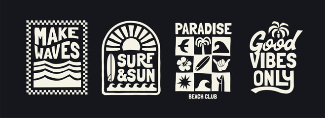 Vector graphic set with a tropical surf and sun theme illustrations. Including phrases such as "Make Waves", "Surf & Sun", "Paradise Beach Club", and "Good Vibes Only". Ideal for t-shirt print, poster © cddesign.co