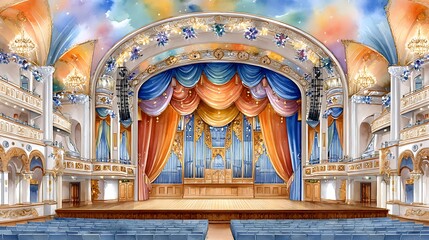 Obraz premium Elegant Watercolor Interior of Concert Hall with Warm Dimmable Lighting Effects