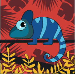 Vector image of a chameleon on a background of plants in the jungle. A simple children's drawing, stylized to match pencil contours. A small colored lizard.

