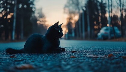 Black cat on road at sunset