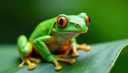 Naklejka premium Green tree frog perched on white, vibrant skin, bright, closeup, card
