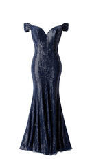 Elegant navy blue sequin evening dress. Elegant navy blue evening gown with sparkling sequin details and off-the-shoulder designed, formalwear catalogs, and glamorous branding. 