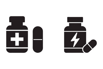 Obraz premium Black silhouette icons depict medicine bottle alongside a capsule, set against transparent backdrop