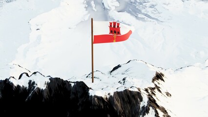 Image Description (200 characters):
3D rendering of the Gibraltar national flag, featuring a red castle and golden key on a white and red field, proudly waving atop a snow-covered mountain peak, symbo