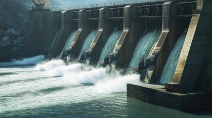  Hydroelectric dam with rushing water and electric turbines turning with the force of the flowing river water , generating clean energy for ecology and zero carbon targets