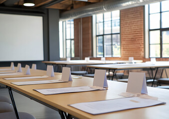 workshop room setup with name tags and HR materials ready