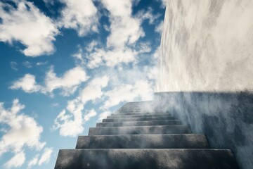 Climbing Concrete Stairs Reaching Towards Cloudy Blue Sky Above Fog
