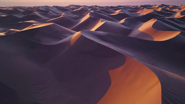 Red sunset bathes desert dunes peaks, desert dunes glow amber as skittering wind dances across silent desert dunes lines calling explorers westward. concept vastness