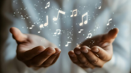 Hands Releasing Musical Notes in Dreamy Atmosphere of Creativity