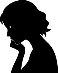 Black silhouette profile of a sad woman with hand near chin on a white or transparent  background
