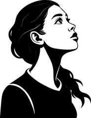 Black silhouette Young woman looking up on a white or transparent background