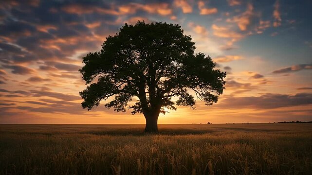 Lone Tree Standing Tall in Golden Field at Sunset Tranquil Nature Scene