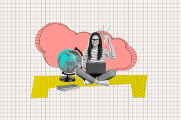 Sketch composite 3D photo collage trend artwork of young lady student sit hold laptop online lesson cources geography globe gesture okay