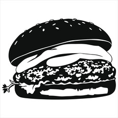 Stylish black and white silhouette illustration of a delicious hamburger./A simple, bold, black and white vector of a hamburger.
