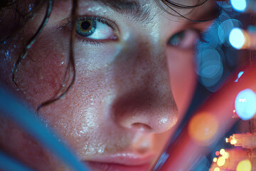 Engineer connects fiber optics to transmission panel, soft colorful light illuminating face, close-up angle with bokeh effect, cinematic lab.