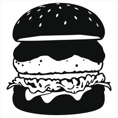Simple black and white silhouette illustration of a delicious hamburger./This bold, black and white graphic showcases a stylized hamburger.