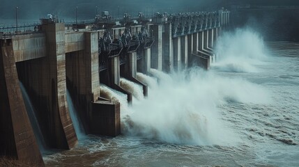  Hydroelectric dam with rushing water and electric turbines turning with the force of the flowing river water , generating clean energy for ecology and zero carbon targets