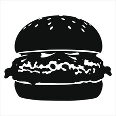 Simple Black and White Hamburger vector silhouette/This is a bold, black and white silhouette of a hamburger.