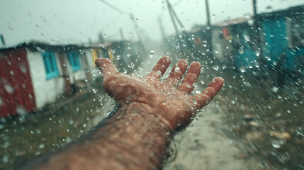Cinematic First-Person Shot of Hand Reaching into the Rain in a Quiet Mountain Town – Emotional Moody Scene with Realistic Lighting and Dramatic Atmosphere