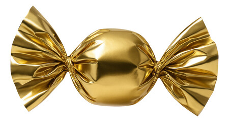 Shiny golden wrapped candy with twisted ends, creating a reflective and luxurious appearance on transparent background.
