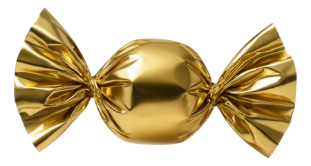 Shiny golden wrapped candy with twisted ends, creating a reflective and luxurious appearance on transparent background.