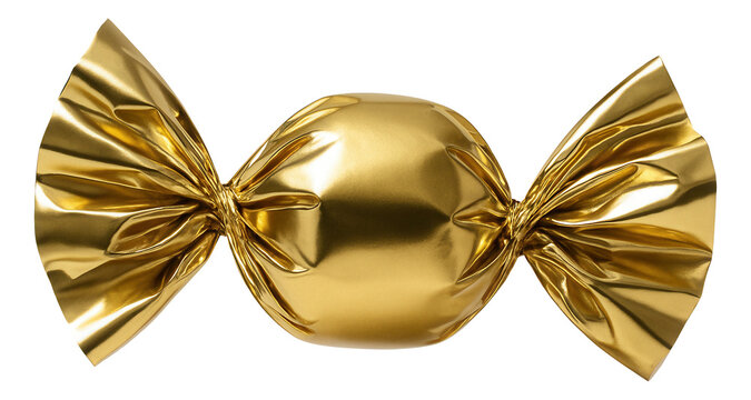 Shiny golden wrapped candy with twisted ends, creating a reflective and luxurious appearance on transparent background.