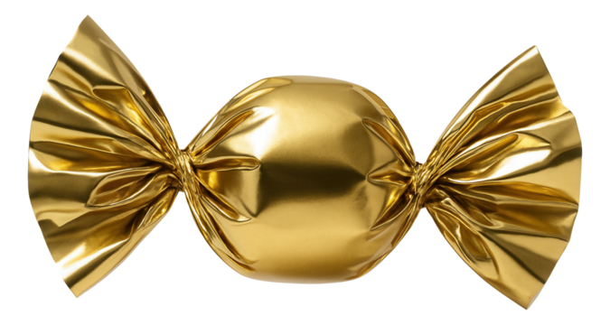 Shiny golden wrapped candy with twisted ends, creating a reflective and luxurious appearance on transparent background.