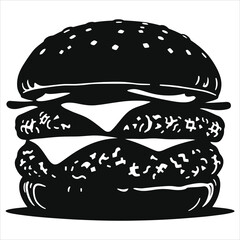 Simple Black and White Silhouette Illustration of a Delicious Burger/A stylized, black and white illustration of a double cheeseburger.