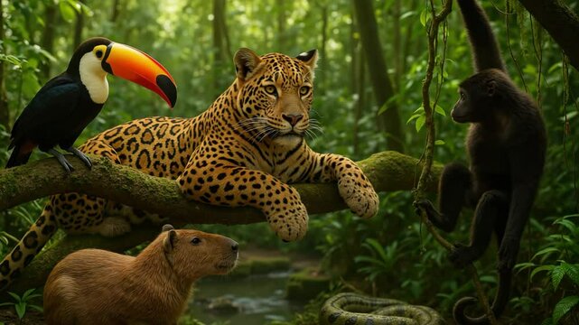 Amazon Wildlife Video &ndash; Brazilian Rainforest with Jaguar, Toucan, Capybara. Brazil biodiversity, climate change, COP30 conference concept	