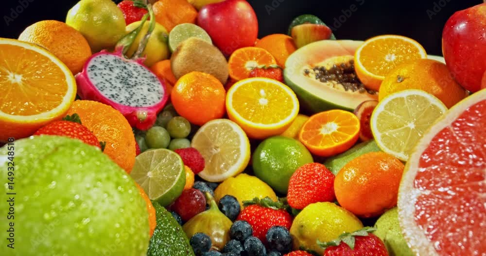 Poster various kind of fresh exotic fruits. camera placed on motion control system. filmed on high speed ci