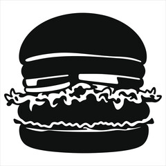 Fototapeta premium Simple black and white silhouette illustration of a veggie burger./A bold, stylized black and white vector of a veggie burger on a white background.