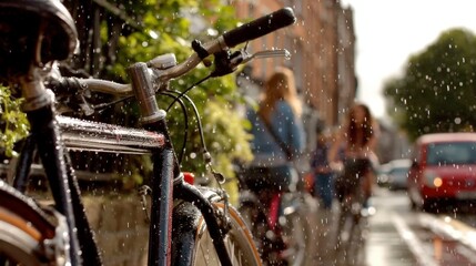Rainy City Street Scene Close up of Bicycle with Blurry People and