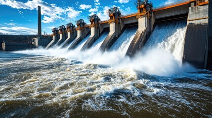  Hydroelectric dam with rushing water and electric turbines turning with the force of the flowing river water , generating clean energy for ecology and zero carbon targets
