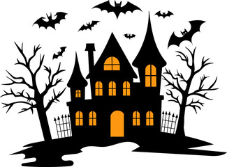 house with burning windows for halloween silhouette on white background, vector