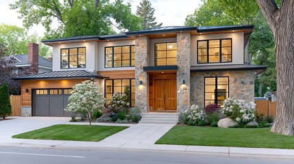 Fototapeta premium Modern Realistic Watercolor Painting of a Beautiful House Exterior in Daylight