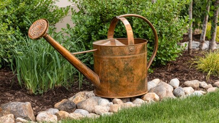 Rustic Copper Watering Can In Garden